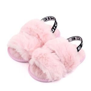 Unbranded Faux Fur Slippers Toddler Girl Pink Elastic Back Strap Slides